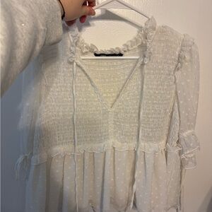 Zara White Textured Ruffle Blouse